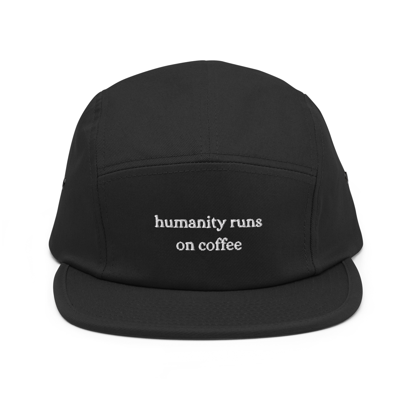 Humanity Runs on Coffee Five Panel Cap - Black - - Just Another Cap Store