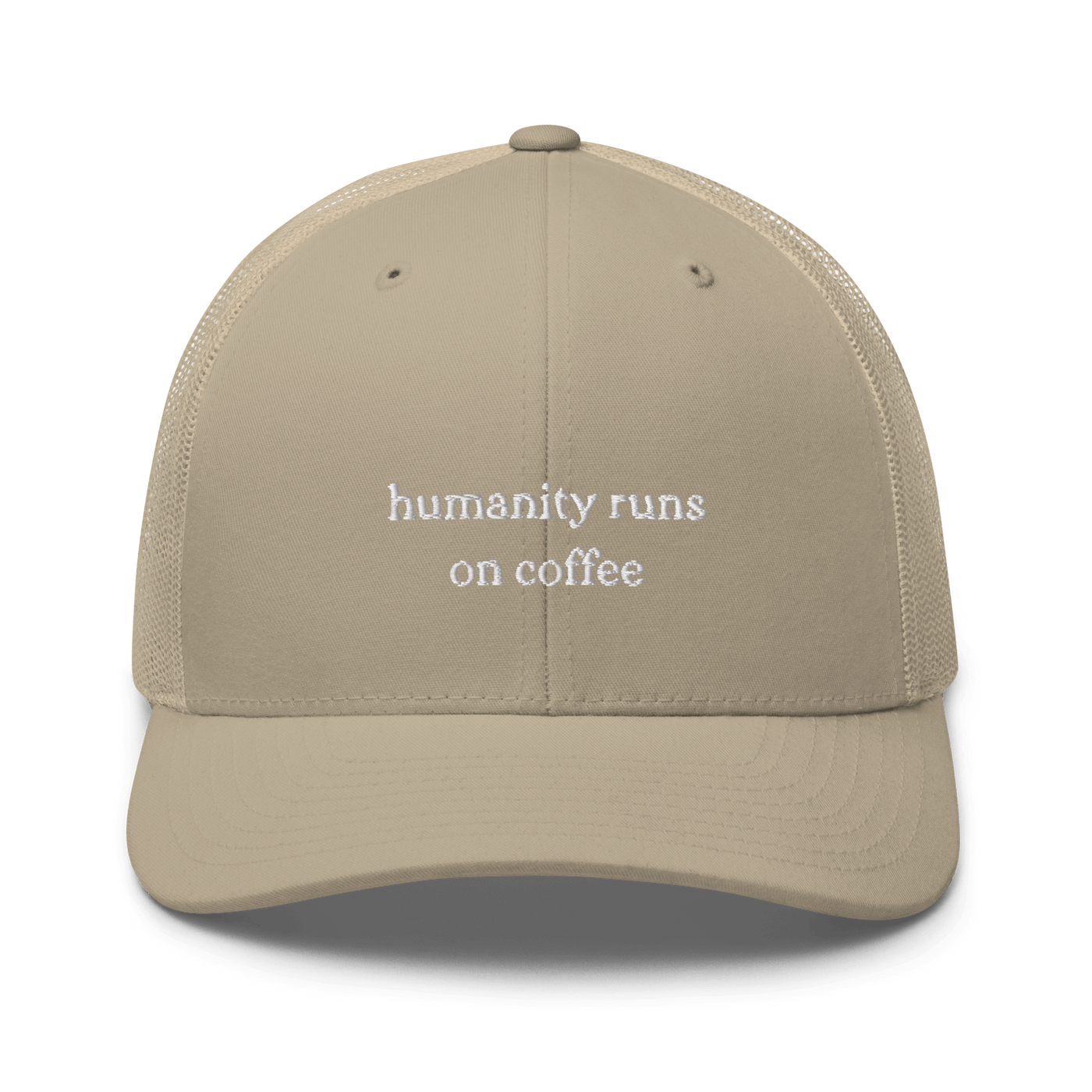 Humanity Runs on Coffee Trucker Cap - Khaki - - Just Another Cap Store
