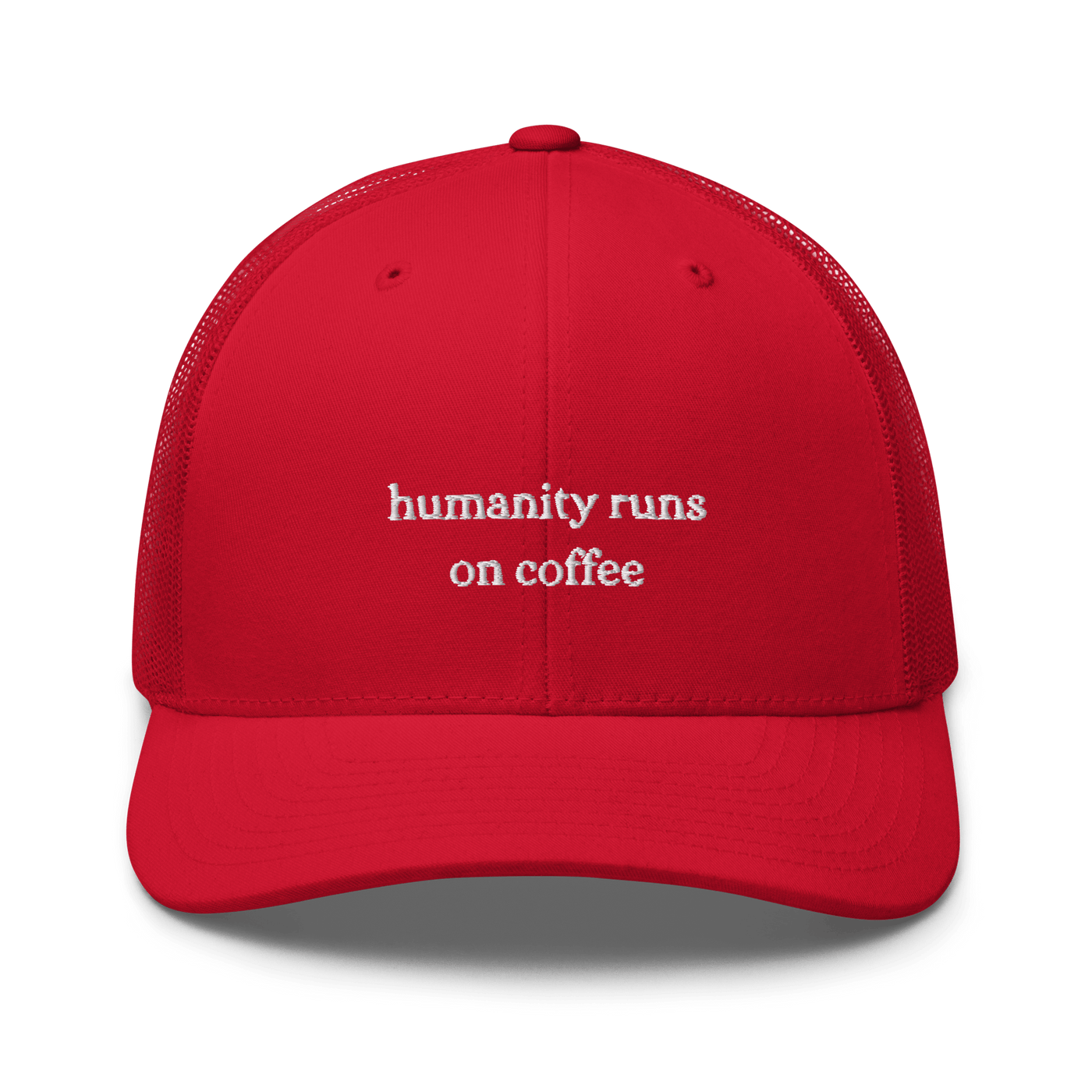 Humanity Runs on Coffee Trucker Cap - Red - - Just Another Cap Store