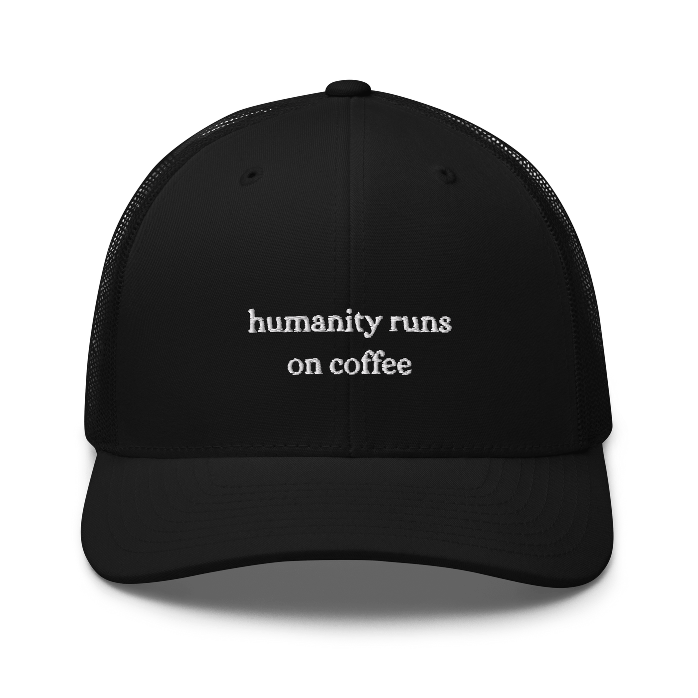 Humanity Runs on Coffee Trucker Cap - Black - - Just Another Cap Store
