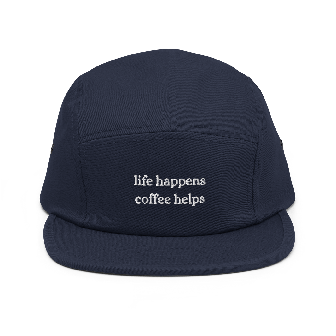 Life Happens Coffee Helps Five Panel Cap - Navy - - Just Another Cap Store