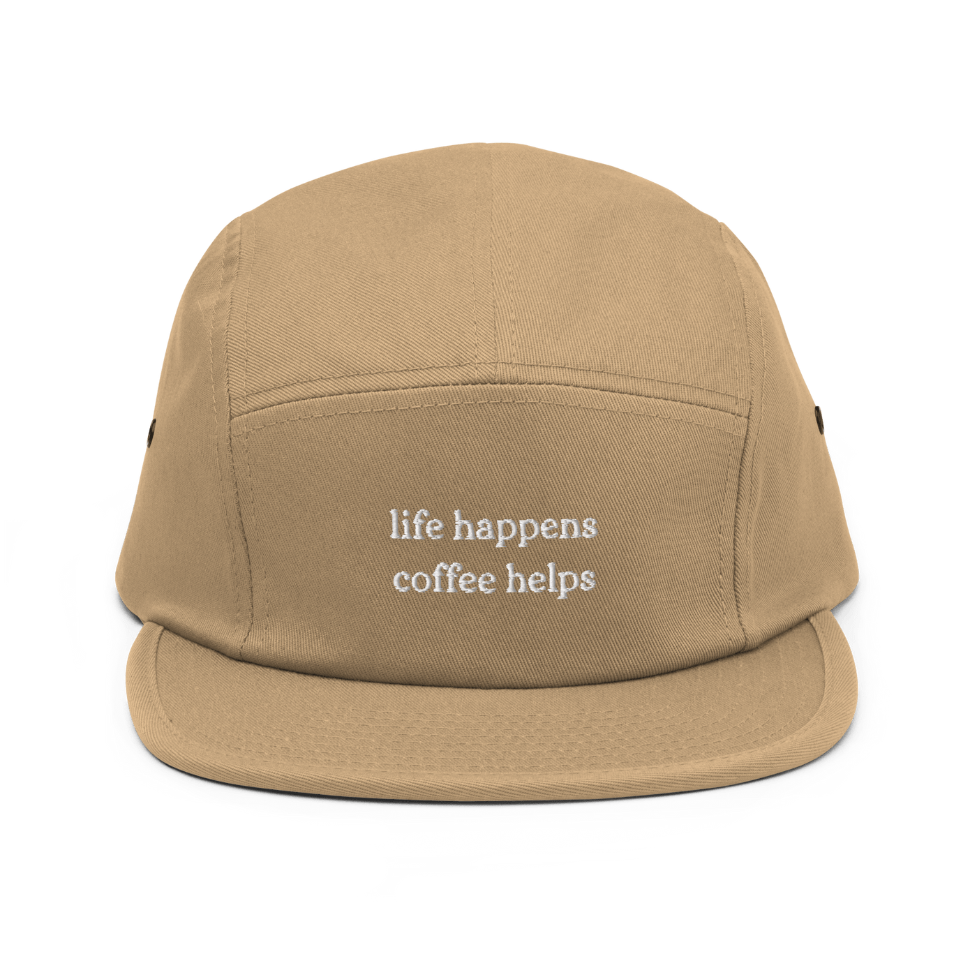 Life Happens Coffee Helps Five Panel Cap - Khaki - - Just Another Cap Store