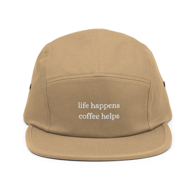 Life Happens Coffee Helps Five Panel Cap - Khaki - - Just Another Cap Store