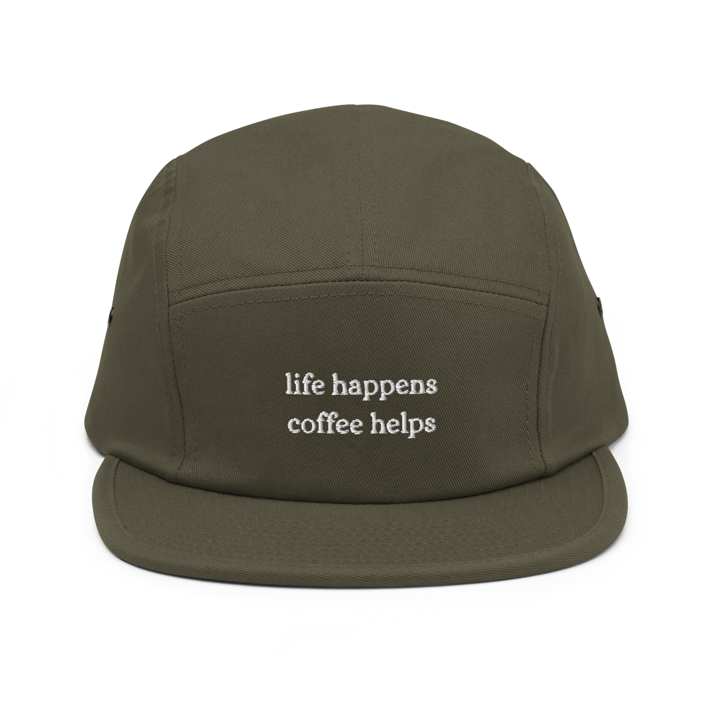 Life Happens Coffee Helps Five Panel Cap - Olive - - Just Another Cap Store