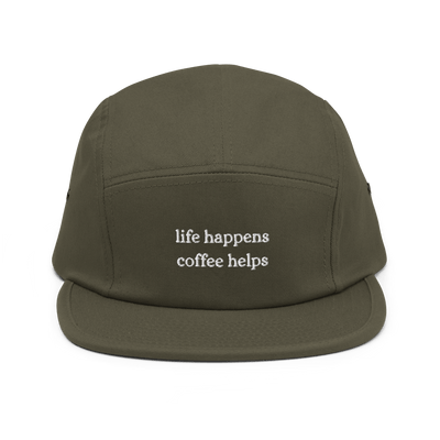 Life Happens Coffee Helps Five Panel Cap - Olive - - Just Another Cap Store