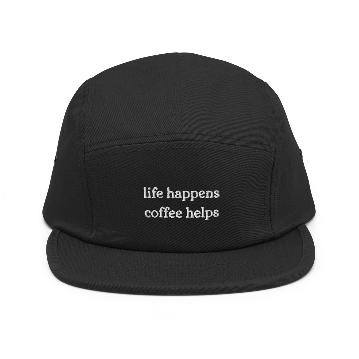 Life Happens Coffee Helps Five Panel Cap - Black - - Just Another Cap Store