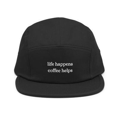 Life Happens Coffee Helps Five Panel Cap - Black - - Just Another Cap Store
